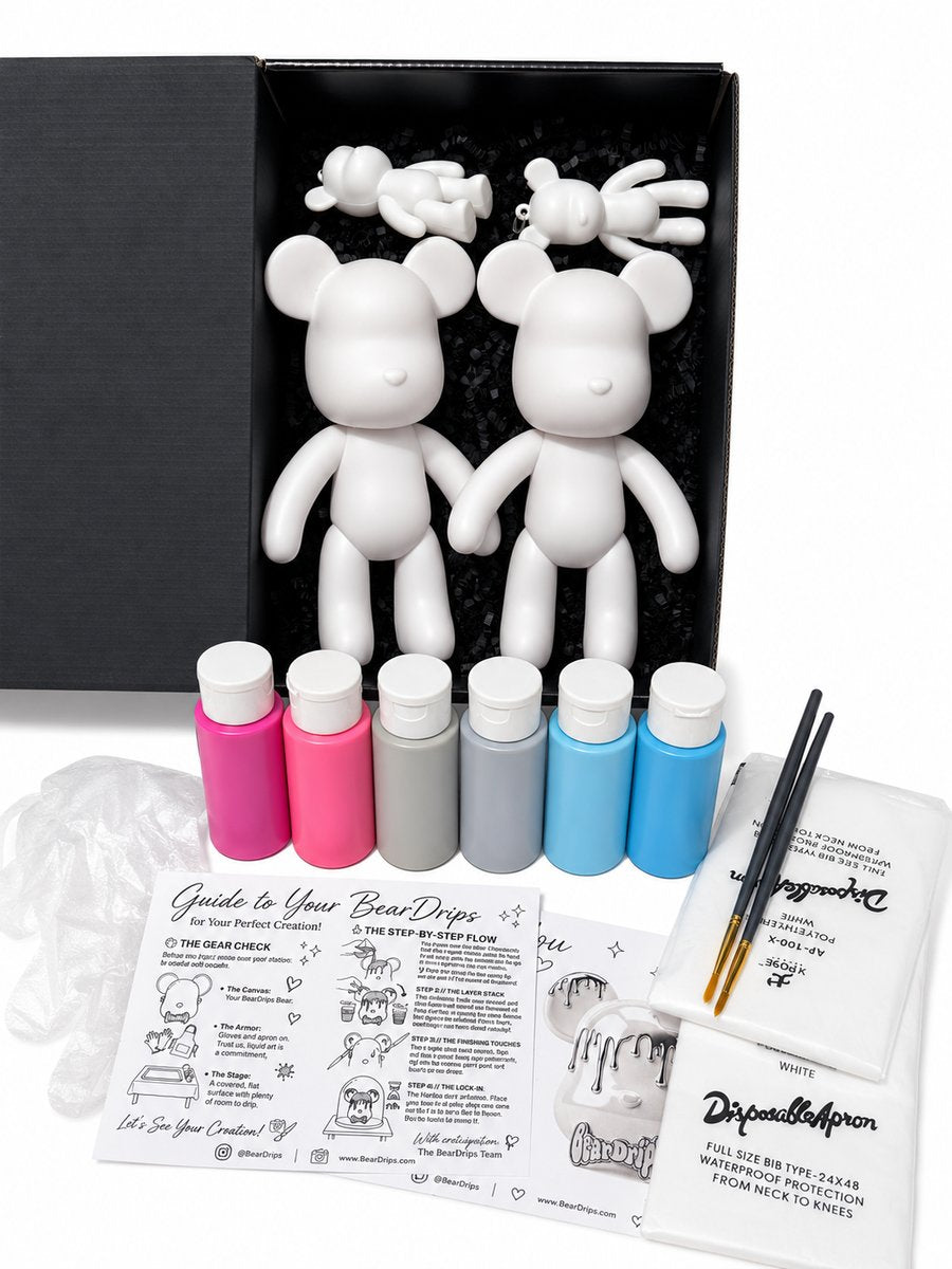 BearDrips at-home kit — two blank bears, paints, brushes, apron and guide